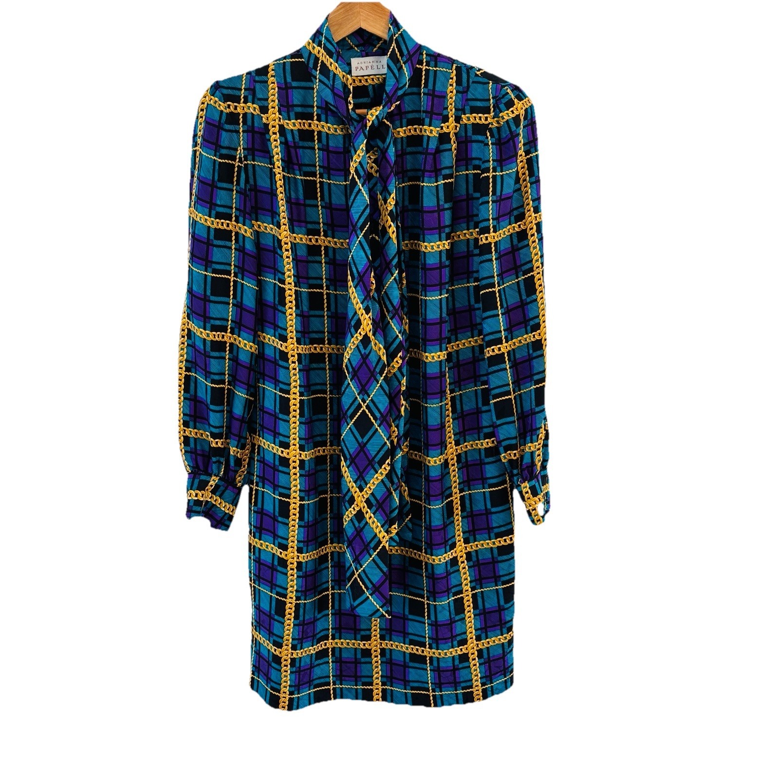 Vtg Adrianna Papell Silk Equestrian Dress 6 Preppy Plaid Chain Rope Old Money